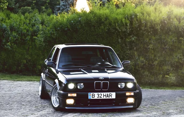 Картинка чёрный, бмв, BMW, black, кусты, Coupe, E30, 3 Series