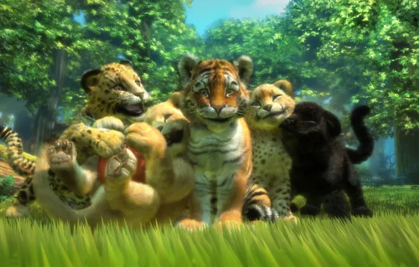 Картинка тигр, звери, игра, хищники, лев, пантера, арт, леопард, котята, гепард, малыши, друзья, львёнок