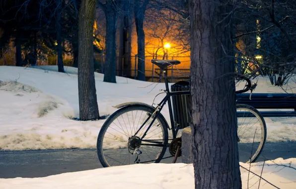 Картинка зима, солнце, снег, деревья, закат, парк, улица, trees, sunset, snow, sun, street, winter park