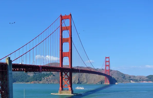Картинка небо, мост, корабль, залив, Сан-Франциско, Золотые Ворота