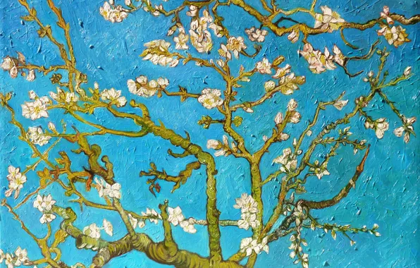 Картинка ветви, картина, живопись, blue, art, Vincent van Gogh, миндальное дерево, Almond Tree, Винсент ван Гог