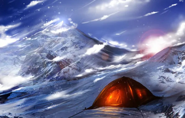 Картинка горы, арт, палатка, огонёк, ryky
