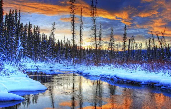Картинка зима, лес, небо, облака, снег, деревья, пейзаж, закат, горы, река, ручей