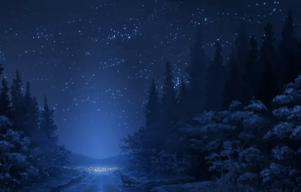 Картинка зима, дорога, лес, небо, звезды, снег, деревья, горы, ночь, лиса