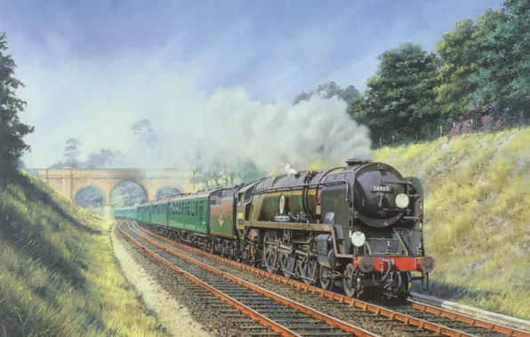 Картинка небо, мост, природа, дым, рельсы, вагоны, Поезд, локомотив