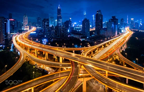 Картинка ночь, город, огни, дороги, Китай, Шанхай