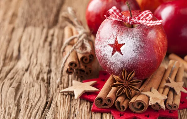 Картинка зима, яблоки, палочки, красные, корица, бант, ленточка, праздники, пряности, бадьян, анис