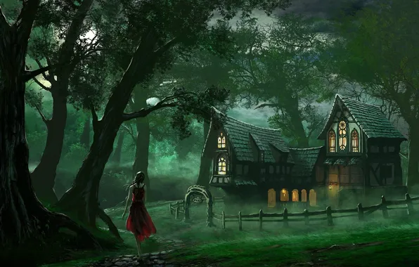 Картинка лес, девушка, дома, арт, дорожка, домик, красное платье, edli