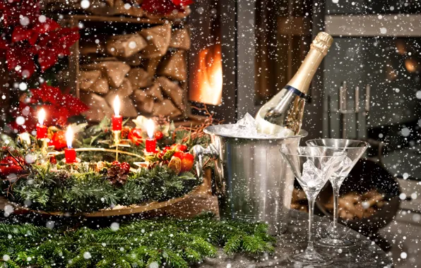 Картинка шарики, украшения, праздник, Новый Год, Рождество, Christmas, New Year, glasses, candles, champagne