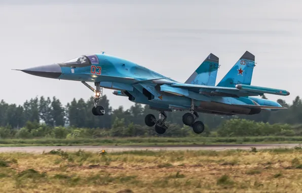 Картинка истребитель, бомбардировщик, аэродром, взлет, Су-34