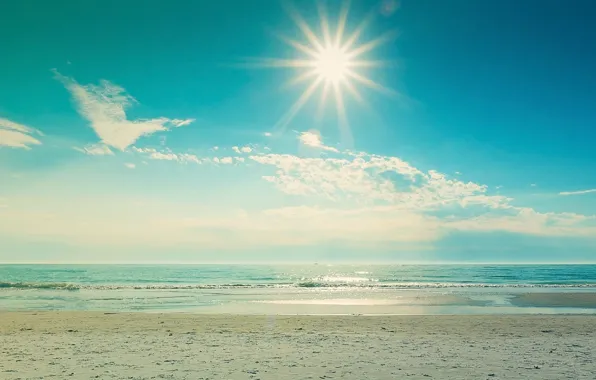 Картинка песок, море, волны, пляж, лето, небо, вода, солнце, облака, пейзаж, природа, блики, отражение, фон, отдых, …