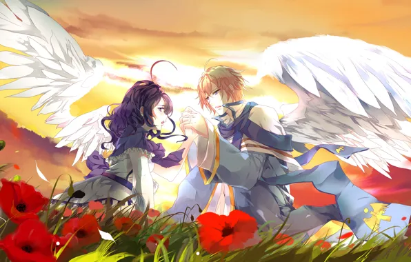 Картинка девушка, закат, цветы, поляна, крылья, парень, Двое, влюбленные, art, aiki-ame