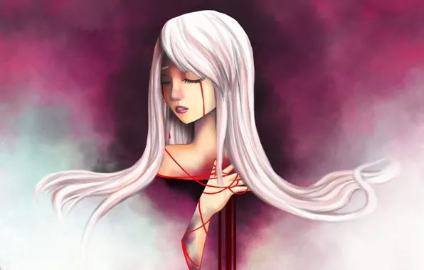 Картинка девушка, ленты, красное, арт, слёзы, белые волосы