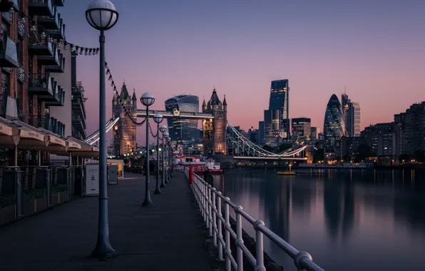 Картинка morning, sunrise, dawn, Tower Bridge, London, England, Thames River, cityscape, urban scene