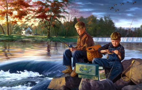 Картинка река, камни, рыбалка, живопись, друзья, мальчики, ранняя осень, Charles Freitag, Fishing Buddies, стая уток