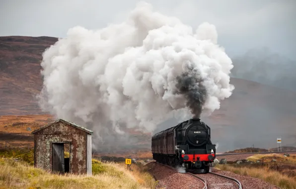 Картинка Railway, Steam, Old Hut, Locomotive