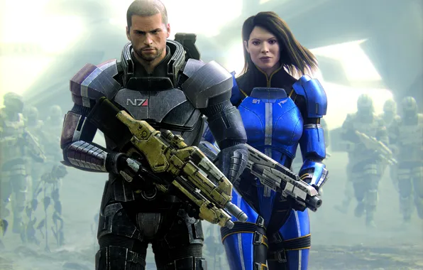 Картинка оружие, война, солдаты, броня, дробовик, винтовка, Mass Effect, Спектр, Mass Effect 3, шрамы, Коммандер Шепард, …