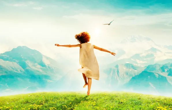 Картинка небо, трава, солнце, радость, горы, настроение, птица, луг, девочка, одуванчики, Heidi, Альпийская сказка