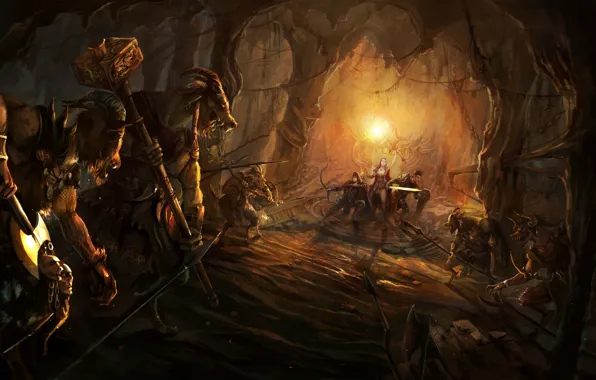 Картинка меч, воин, лук, арт, монстры, команда, рога, маг, пещера