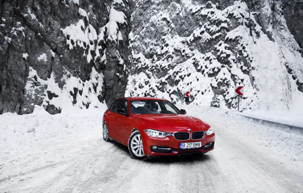 Картинка зима, дорога, снег, горы, бмв, BMW, red, красная, F30, 3 серия, 320d
