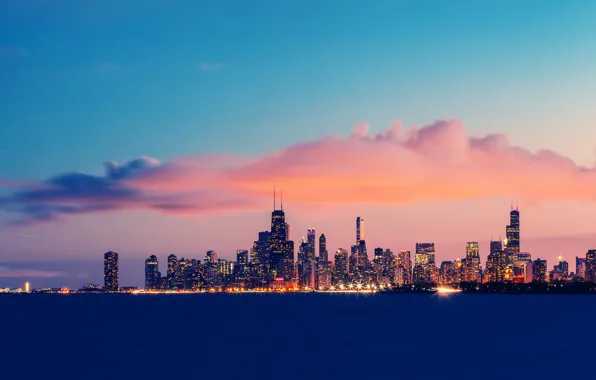 Картинка небо, облака, закат, вечер, выдержка, Чикаго, США, Иллинойс, озеро Мичиган