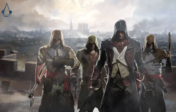 Картинка пистолет, меч, топор, art, ассасины, Assassin's Creed: Unity