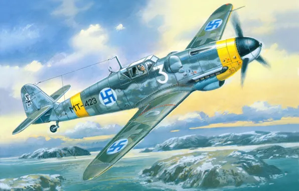 Картинка небо, война, истребитель, Арт, Messerschmitt, немецкий, поршневой, одномоторный, Bf.109, G-6, профашистские, Финские ВВС
