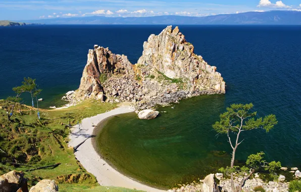 Картинка скала, озеро, камни, берег, побережье, Байкал, утес, коса, Россия, Baikal