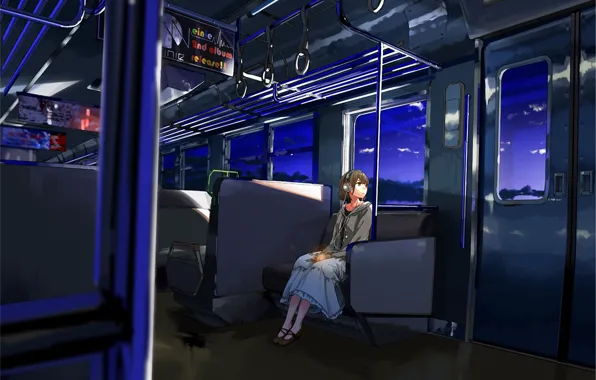 Картинка девушка, поезд, вечер, наушники, арт, одна, kurono-kuro