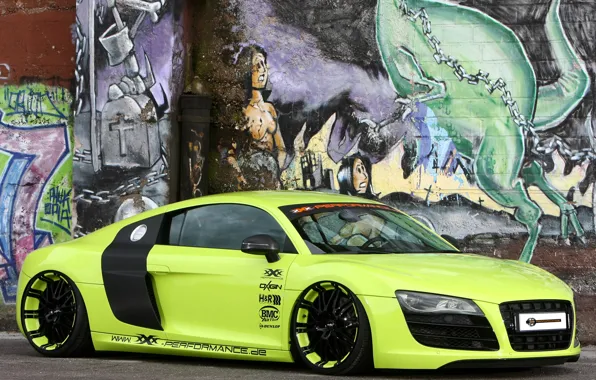 Картинка фон, стена, Audi, тюнинг, Ауди, зелёный, суперкар, графити, диски, tuning, передок, V10, В10, XXX Performance