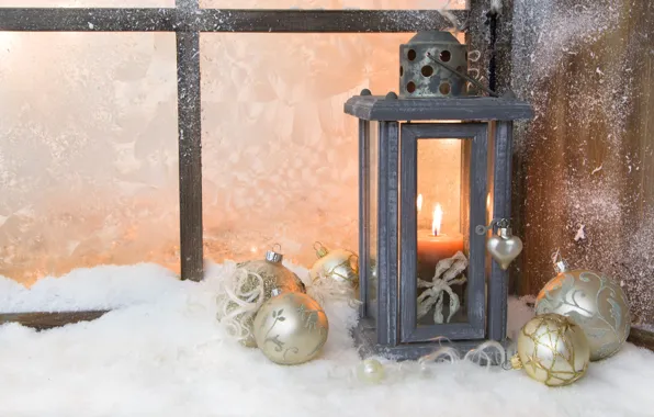 Картинка зима, шарики, свет, снег, игрушки, свеча, Новый Год, окно, Рождество, фонарик, фонарь, белые, Christmas, праздники, …
