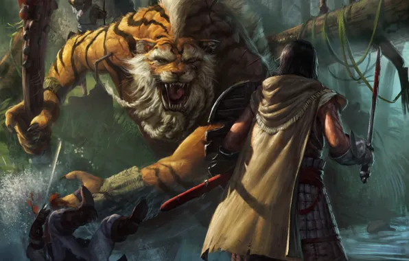 Картинка тигр, ручей, оружие, люди, монстр, меч, арт, битва, щит, дубина