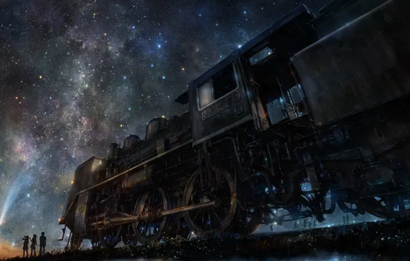 Картинка ночь, люди, поезд, арт, звездное небо, iy tujiki