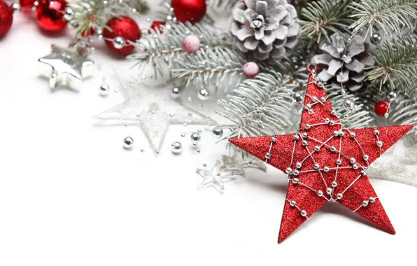 Картинка игрушки, звезда, елка, ель, ветка, Новый Год, Рождество, украшение, Christmas, красная, New Year, серебристые