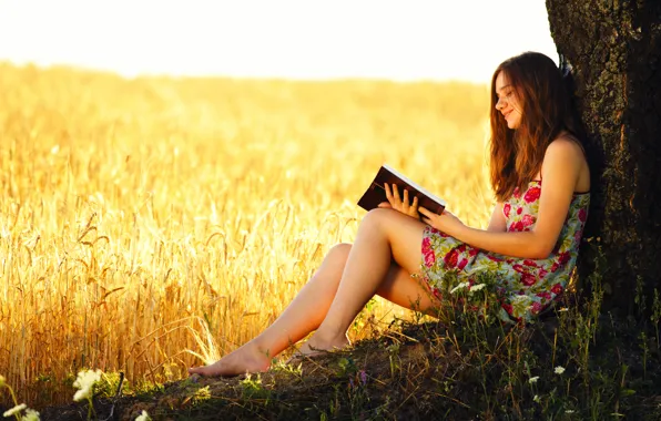 Картинка пшеница, поле, девушка, дерево, книга, колосья, чтение
