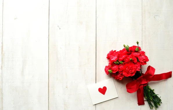 Картинка цветы, праздник, лента, сердечко, бантик, открытка, День Святого Валентина, гвоздики