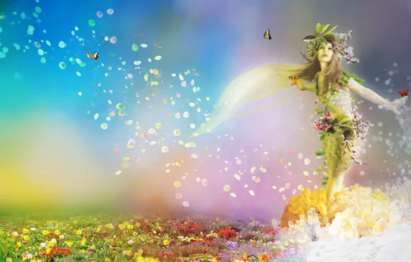 Картинка девушка, бабочки, цветы, природа, фантастика, времена года, весна, арт, spring