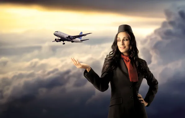 Картинка девушка, облака, полёт, самолёт, стюардесса