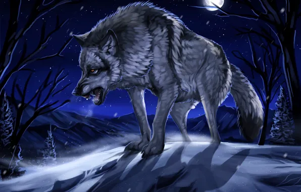 Картинка зима, лес, снег, ночь, луна, рисунок, волк, арт, оскал