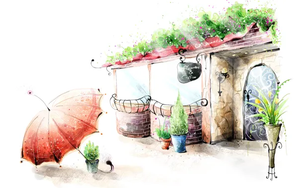Картинка цветы, зонтик, рисунок, фонарь, кафе, перила, ваза, горшки