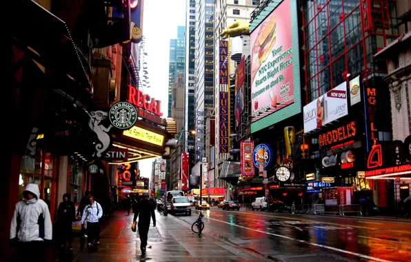 Картинка город, люди, дождь, небоскреб, Нью Йорк, New York, Manhattan, Starbucks
