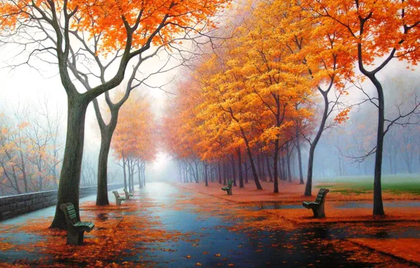 Картинка осень, природа, парк, рисунок, картина, арт, рисунки, картины