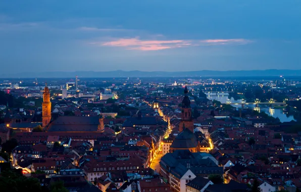 Картинка закат, город, дома, вечер, Германия, панорама, улицы, Deutschland, Хайдельберг, Heidelberg