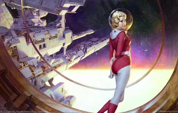 Картинка девушка, космос, космическая станция, звездолёт, Zezhou Chen