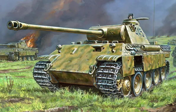 Картинка огонь, пламя, война, атака, рисунок, арт, танки, пехота, WW2, немецкие, PzKpfw V «Panther»