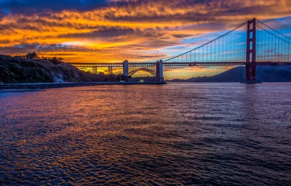 Картинка мост, город, пролив, вечер, Калифорния, Сан-Франциско, Золотые Ворота, USA, США, Golden Gate Bridge, United States, …