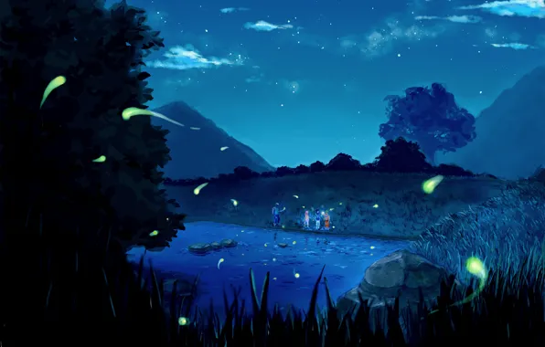 Картинка звезды, облака, деревья, горы, ночь, природа, озеро, аниме, команда, Наруто, друзья, Sakura Haruno, Uchiha Sasuke, …