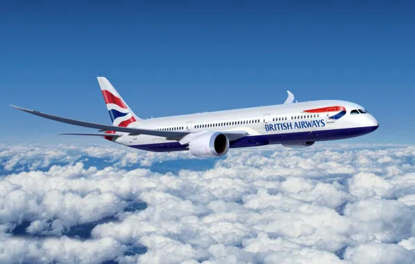 Картинка Облака, Самолет, Boeing, Боинг, 777, Пассажирский, Летит, Авиалайнер, British Airways, В небе