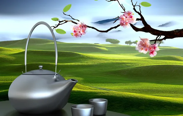 Картинка Сакура, чайник, чашки, Восточные пейзажи
