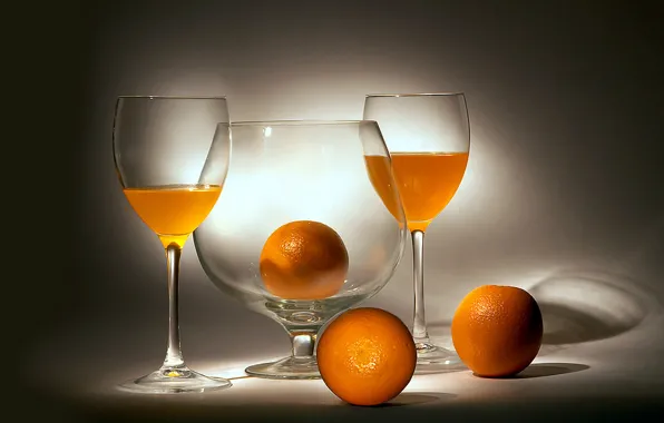 Картинка апельсины, бокалы, натюрморт, оранжевое, апельсиновый сок